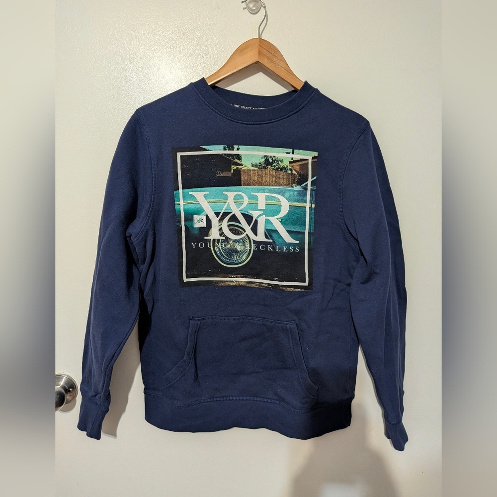 Young & Reckless Navy Blue Crew Neck Sweatershirt Mens Medium Low Rider